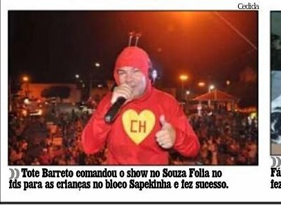 Recorte de jornal: Tote Barreto comandou o show no Souza Folia para as crianças no bloco Sapekinha e fez sucesso