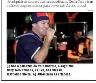 Recorte de jornal: sob o comando de Tote Barreto, o Jeguinho Baby toma as ruas de Marcelino Vieira